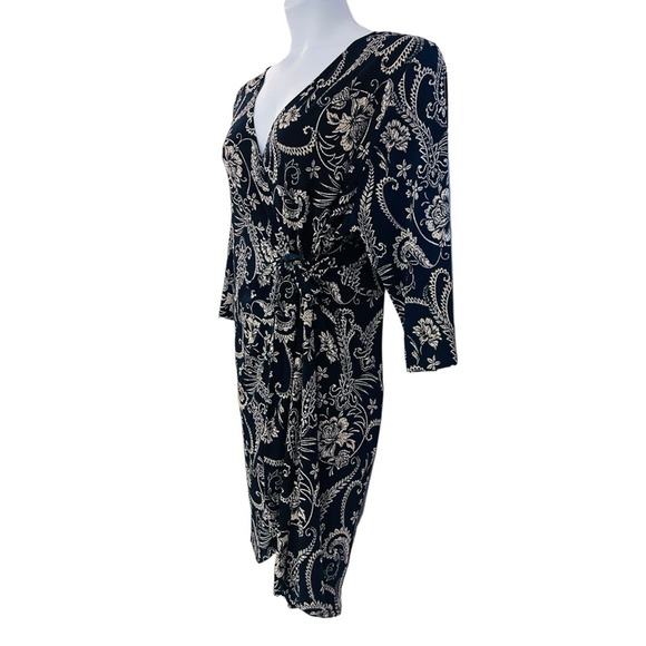 ⭐️Moci Purple Rain Navy Jersey Knit Floral Wrap Office Casual Date Night Dress - Picture 5 of 15